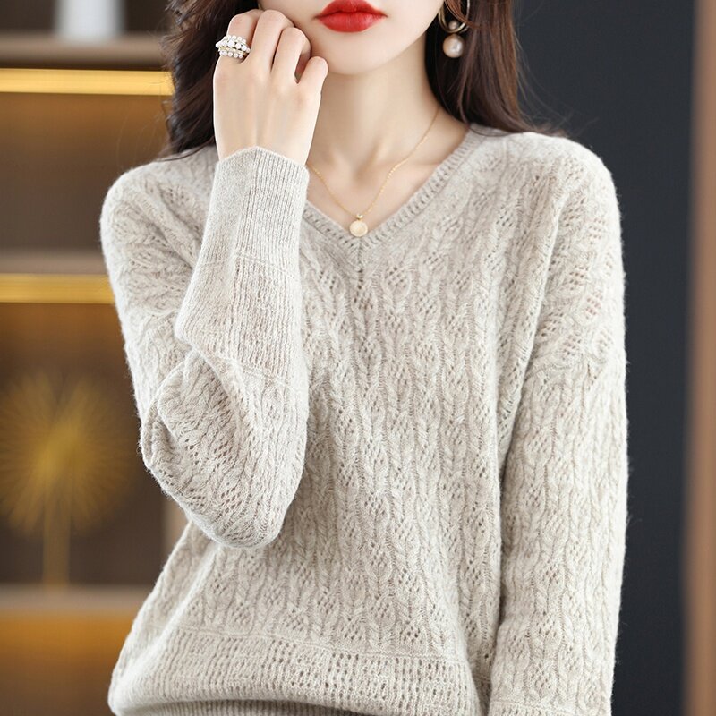 Camisola feminina 100% de lã pura com decote em v camisola de malha oca fina camisa de fundo curto solto pulôver versão coreana 22
