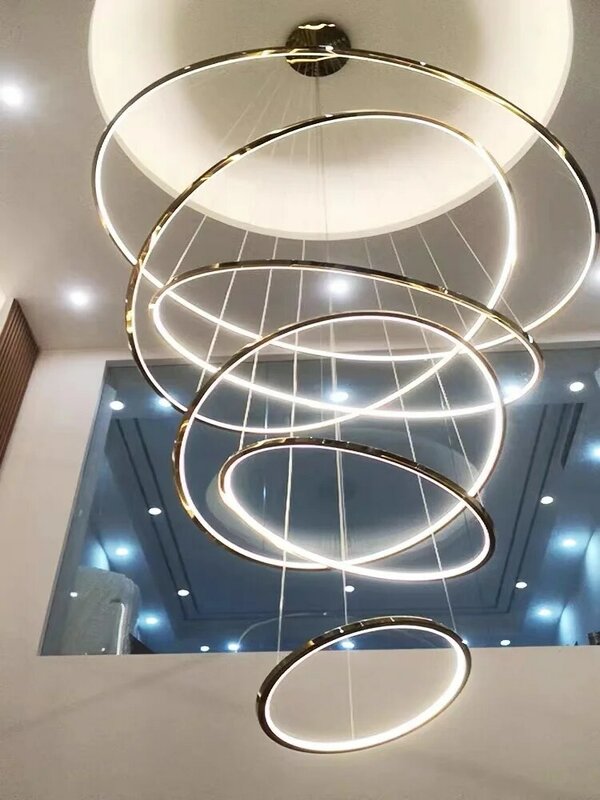 Candelabro de acero inoxidable con forma de anillo LED, accesorio para comedor, dormitorio, piso doble, sala de estar, escalera, loft