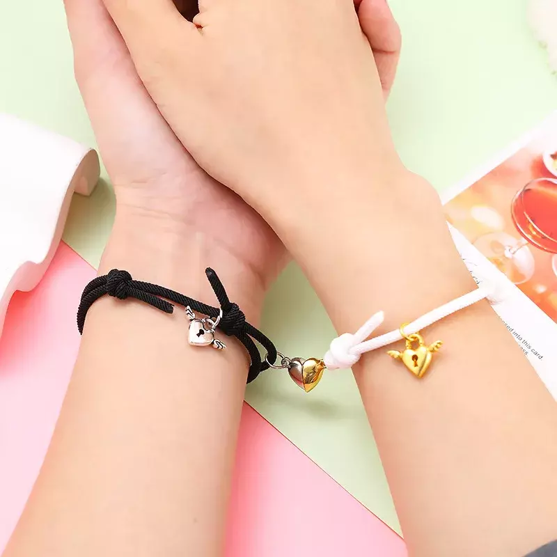 2 Stuks Magnetische Armband Rvs Hart Hanger Charm Paar Armbanden Voor Lover Vriend Vrouwen Braid Touw Armbanden