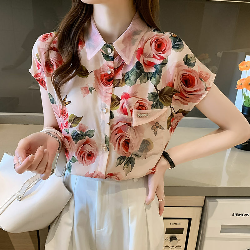 Blus wanita motif bunga, pakaian wanita sifon Splice kerah cetak Vintage, blus kantor wanita Korea longgar baru musim panas 2024