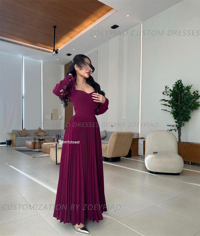 Fuschia A Line Long Prom Dresses Long Sleeve Sweetheart Evening Party Dress Formal Night Cocktail Prom Gowns Custom Size