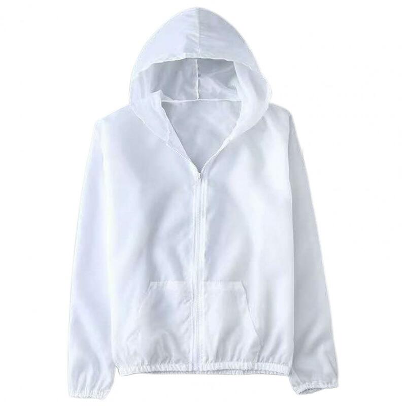 후드 긴팔 자외선 차단 재킷, 포켓 지퍼 플래킷, 단색 유니섹스 초박형 자외선 차단 의류, 겉옷