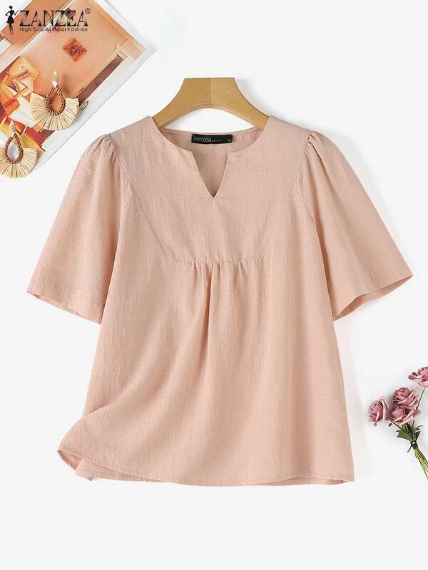 ZANZEA Women Short Sleeve Tops Casual Loose Sweety Cotton Blouse 2024 Summer V-neck Tunic Korean Fashion Baggy Solid Color Blusa