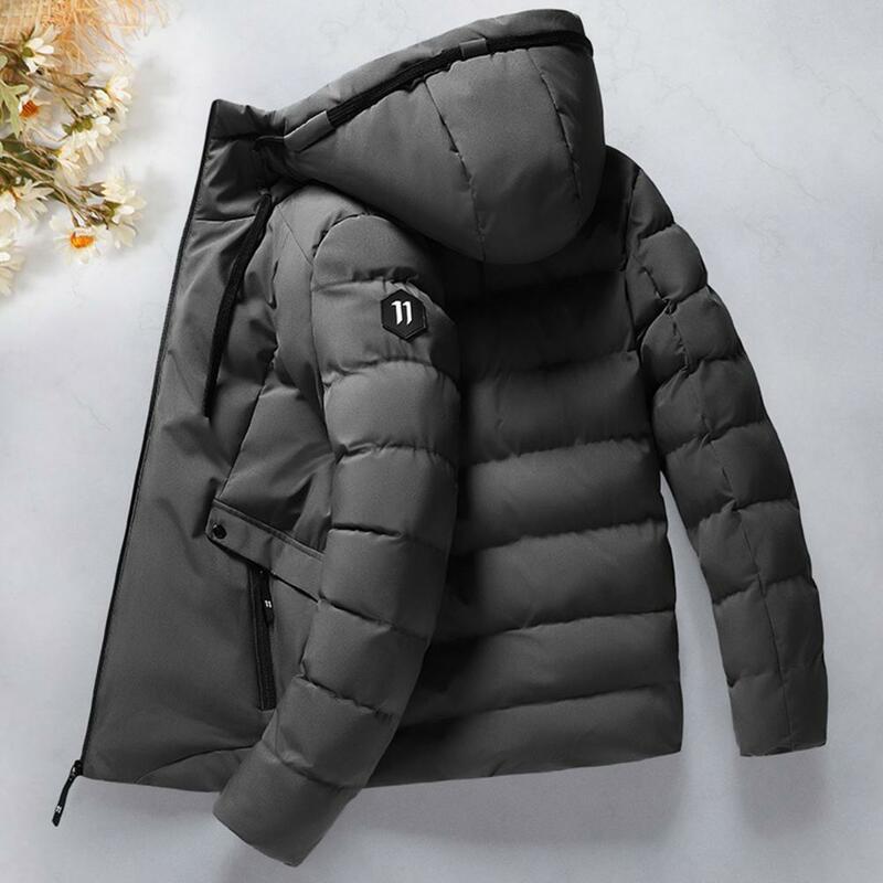 Solid Color Cotton Coat Windproof Hooded Winter Cotton Coat with Zipper Pockets for Men Thick Padded Warm Down Jacket Waterproof