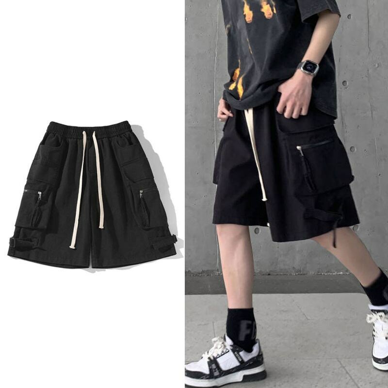 Summer men's work shorts Harajuku wind high street Japanese straight loose casual beach outdoor multi-pocket tie rope party pant