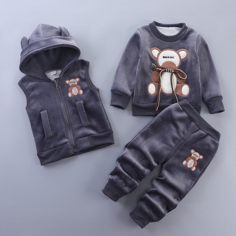 Nowa jesienno-zimowa odzież dla chłopców utrzymująca ciepło Cartoon Bear bluza + kamizelka z kapturem + spodnie 3 szt. Kombinezon dla dzieci zimny strój