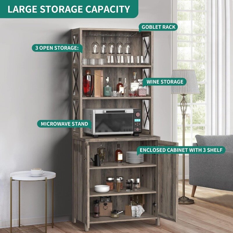 YITAHOME Kitchen Pantry Cabinet Storage Hutch with Microwave Stand Wine Rack, Freestanding Pantry Buffet Cabinet