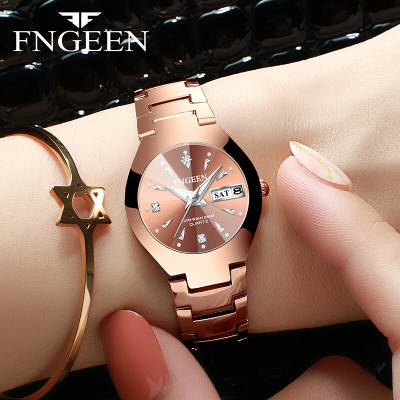 FNGEEN-relojes de lujo a la moda para amantes, relojes de pulsera de acero resistente al agua, reloj de pareja de cuarzo de hora emparejada de oro rosa, regalo de San Valentín