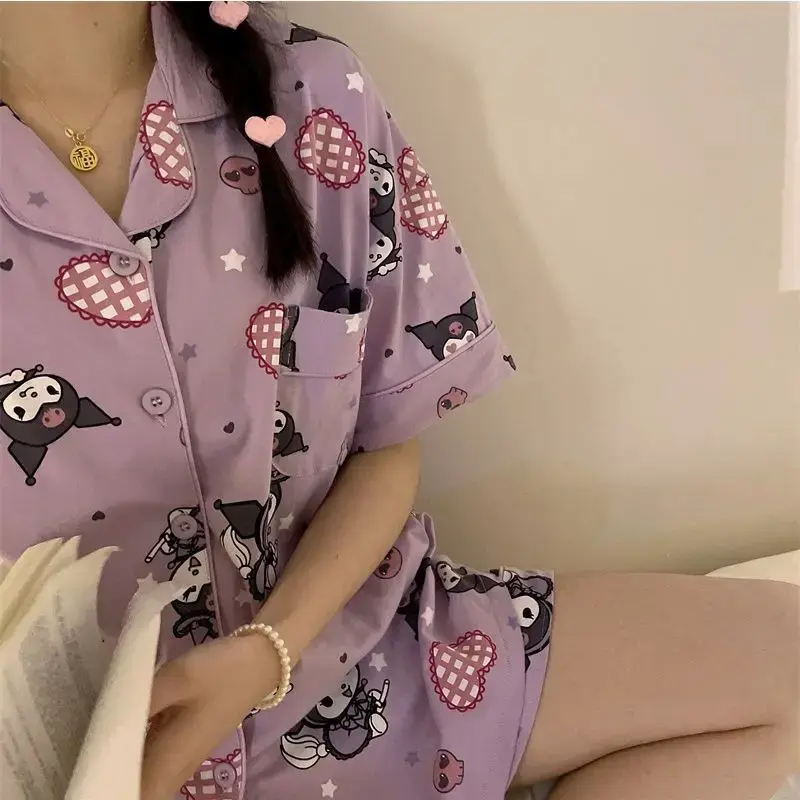Nowa piżama Sanrio Kuromi damska letnia słodka koreańska modny nadruk bielizna nocna z krótkim rękawem kreskówka zestaw piżamy ubrania domowe Y2k