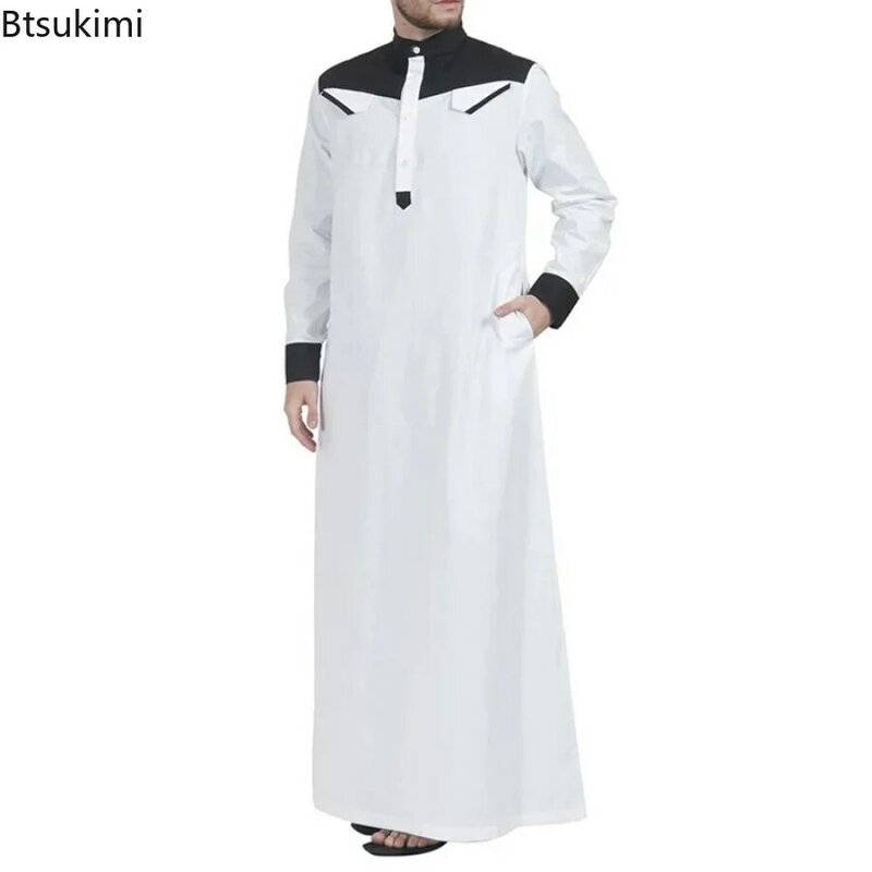 Caftan manga comprida confortável para homens, cor de contraste, veste muçulmana, roupas do Oriente Médio, gola mandarim, Thobe, 2022