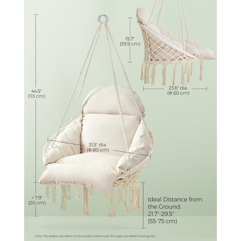 SONGMICS Hanging Chair, Hammock Chair with Large, Thick Cushion, Boho Swing Chair for Bedroom, Patio, Balcony, Garden, Holds up