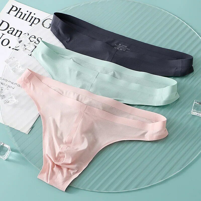 Ice Silk Underwear Men Sexy Low Rise Briefs T-back Thongs Bulge Pouch Underpants Male Soft Seamless Panties Translucent Knickers