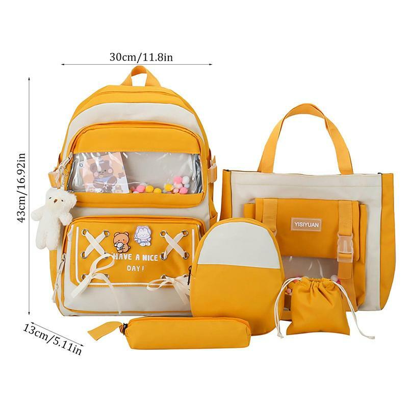 Aesthetic Backpack Set Included Pins And Plush Pendants Aesthetic Waterproof School Bag Set 5 Piece Backpack For School