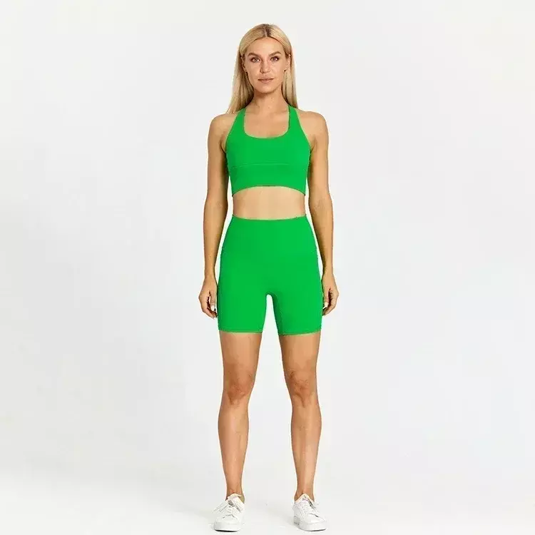 Conjunto de pantalones cortos de Yoga con bolsillos de limón para mujer, de 2 piezas traje deportivo, ropa de gimnasio, ropa de entrenamiento, ropa deportiva para correr