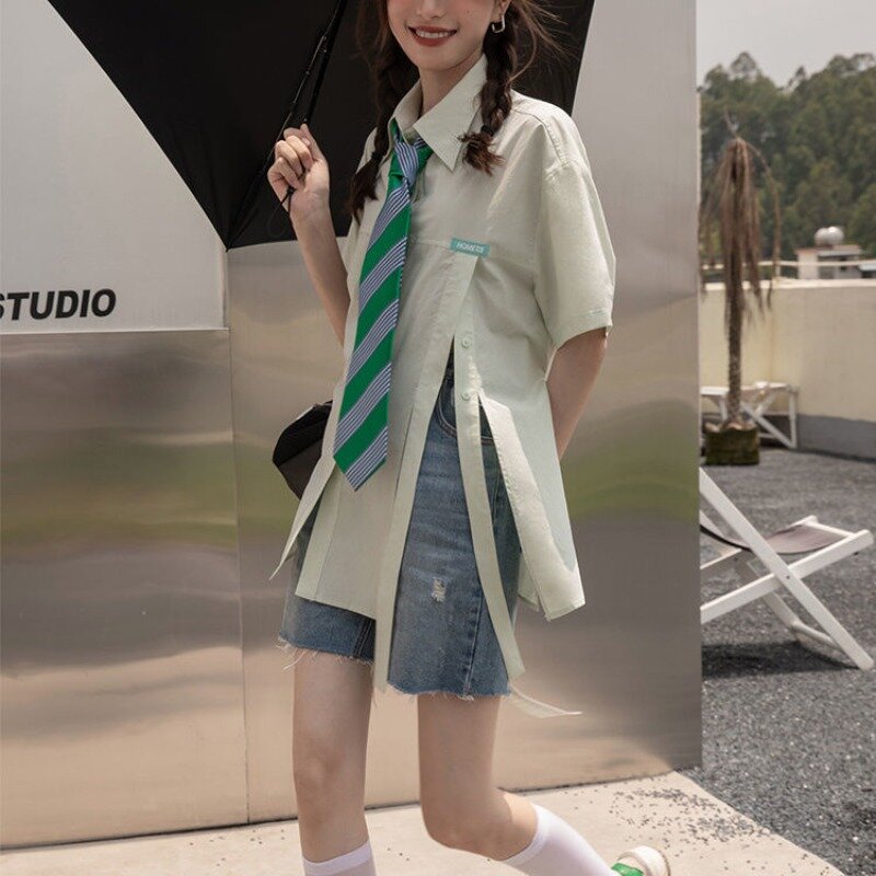 Новинка, свежая Свободная рубашка-поло EBAIHUI с коротким рукавом, летняя корейская модная женская блузка с галстуком и разрезом, Уникальные блузы