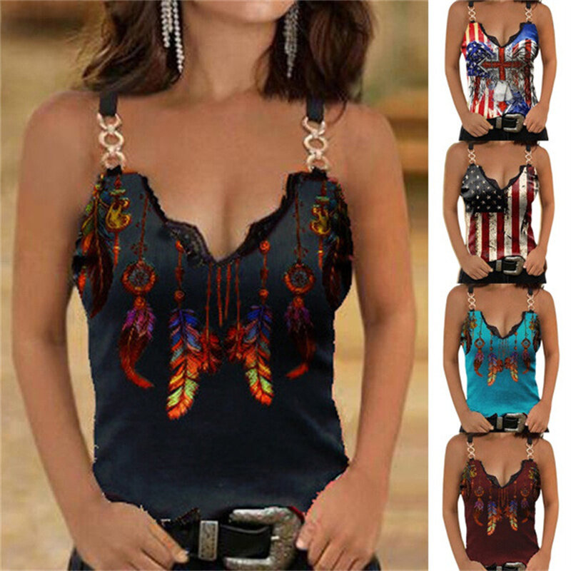 2023 New Summer T-Shirt Women'S Casual Fashion Slim Fit Strap Sexy Lace Sleeveless V-Neck Printing Casual Strap Tank Top