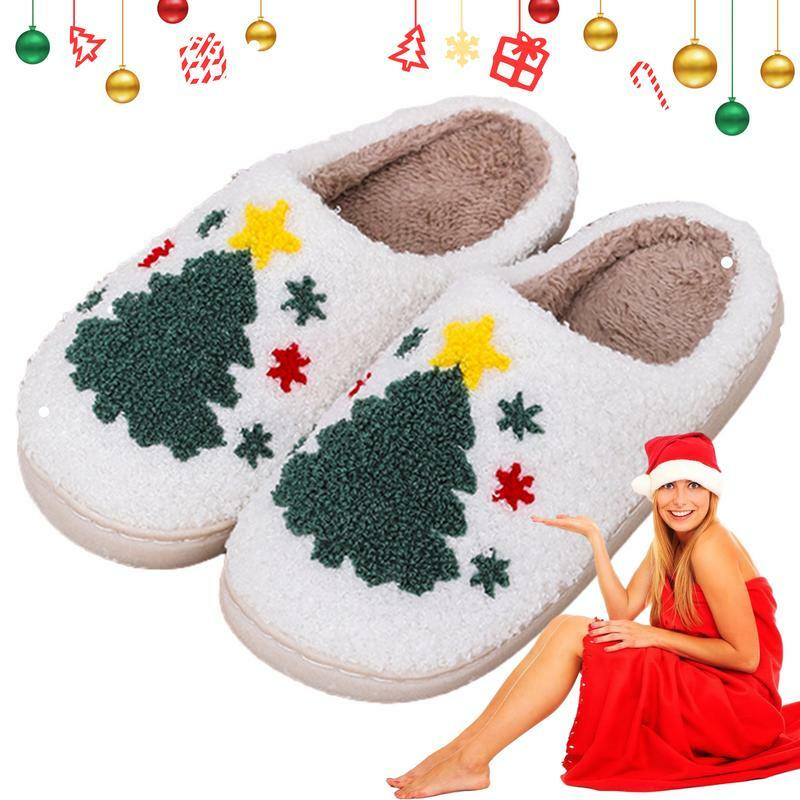 Chinelos macios do algodão do Natal do luxuoso para mulheres, interior e exterior, Inverno, Sapatos de quarto, Divertimento