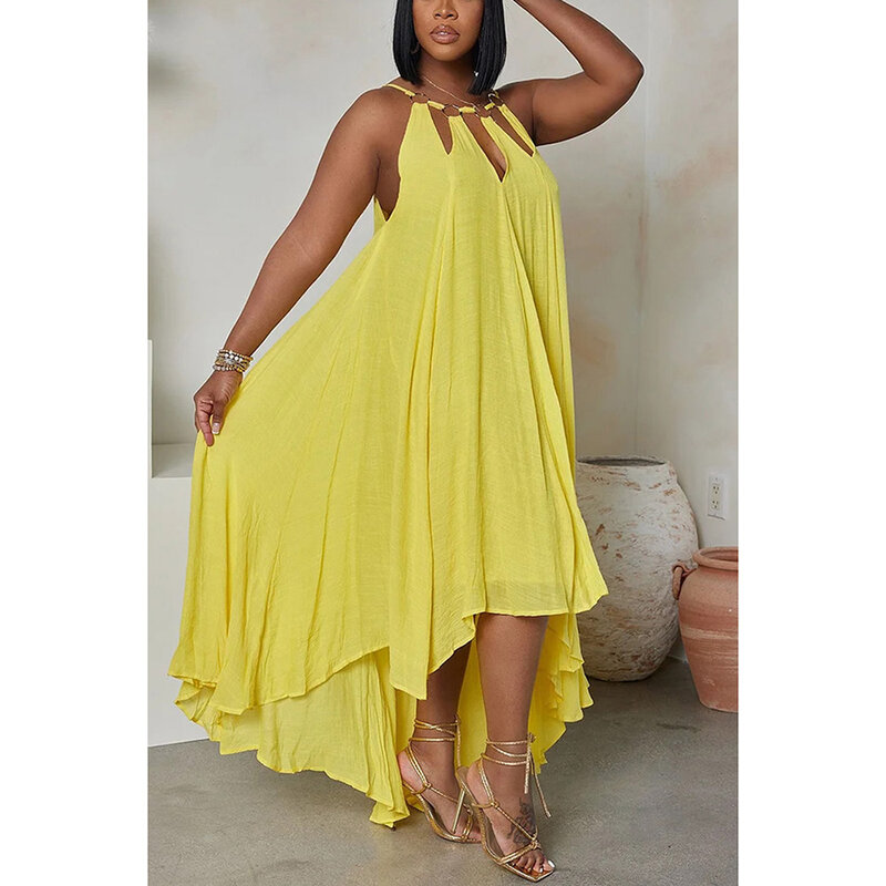 Plus Size Yellow Casual Sleeveless Cut Out Irregular Hem Loose Midi Dresses