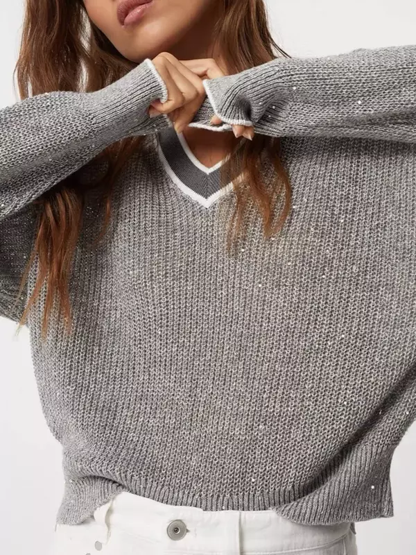Suéter de malha de lantejoulas feminino, pulôver casual solto, manga comprida, decote em v, contraste, linho, novo, 2024