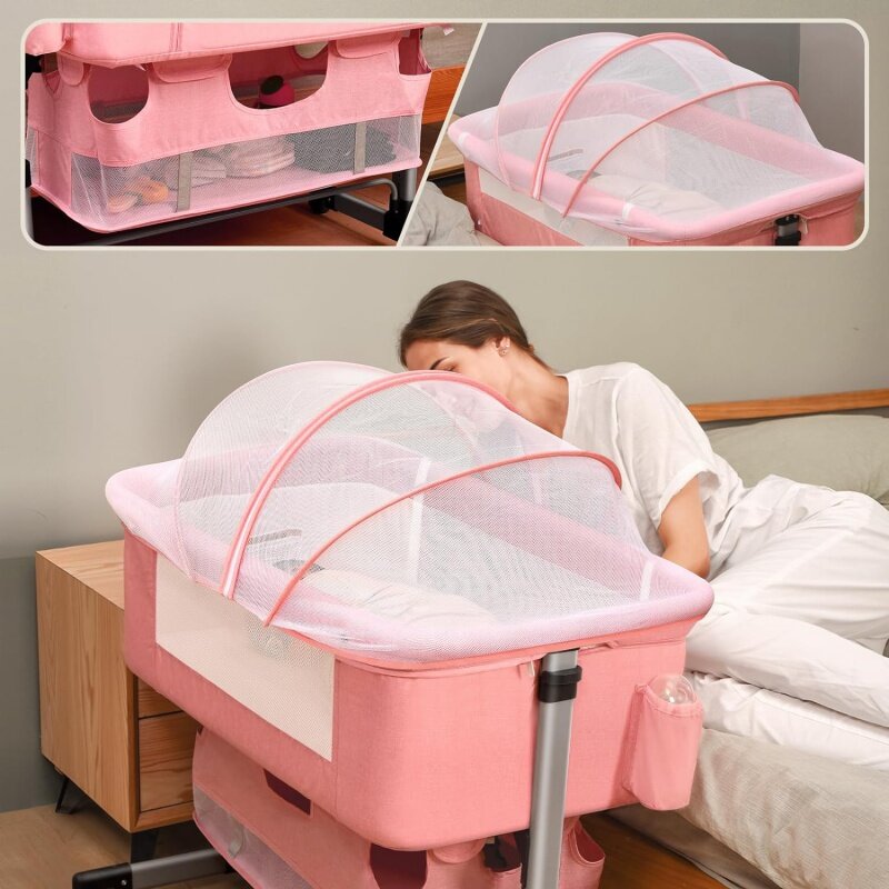 Baby Crib,3 in 1 Bedside Adjustable Portable for Infant,Bassinet Newborn Must Have ,Pink