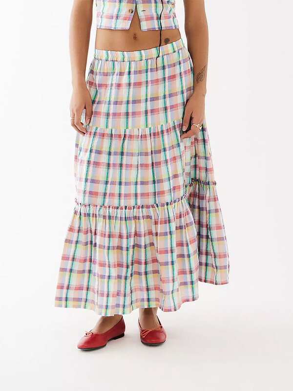 Rok wanita, Rok wanita motif kotak-kotak pinggang elastis berjenjang A-Line kasual Midi Streetwear musim panas