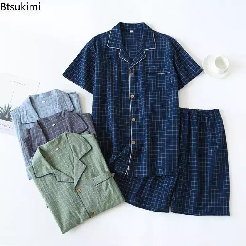 Traje de pijama de alta calidad para hombre, ropa de casa de dos piezas a la moda, manga corta Simple y pantalones, ropa de dormir japonesa a cuadros