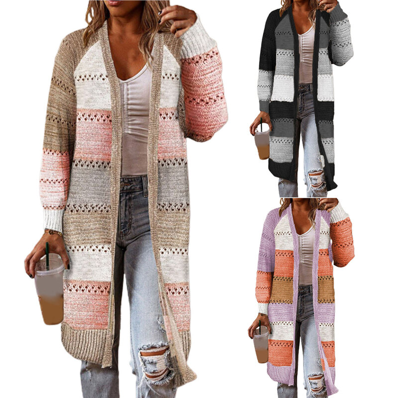 Damski kardigan wygodne stylowe szwy z długim rękawem w paski patchworkowy sweter damski Casual długi sweter jesień zimowe bluzki