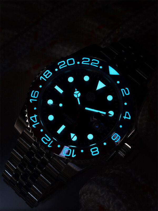 San Martin-Reloj de lujo GMT para hombre, pulsera de Jubileo, bidireccional, bisel de cerámica, zafiro, Cyclops, impermeable, 20bar, BGW-9, luminoso