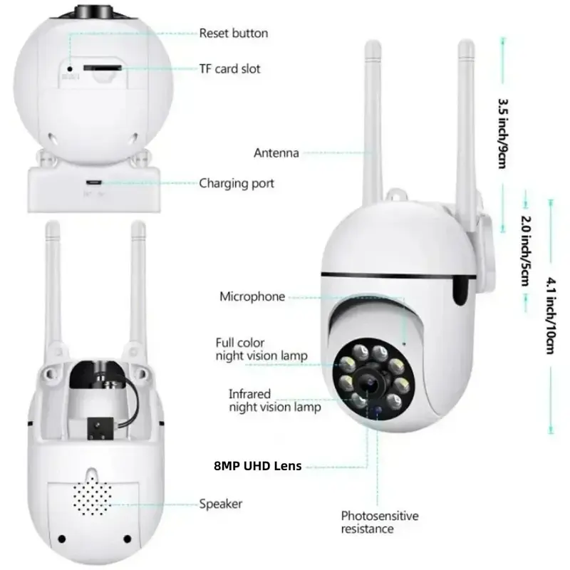 Caméra de surveillance extérieure PTZ IP WiFi HD 8MP, dispositif de sécurité sans fil, avec n'aime x4, IA, suivi humain, audio bidirectionnel, vision nocturne
