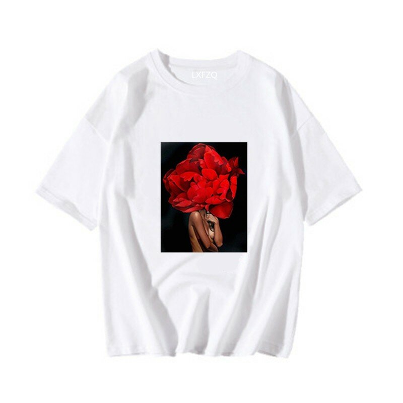 Harajuku — T-shirt à manches courtes à col rond pour femme, à la mode avec impression de pétales de fleurs, décontracté et esthétique