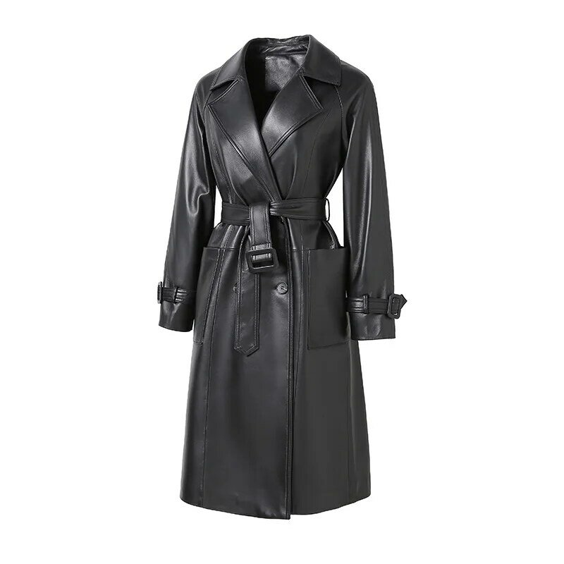 Женское длинное пальто из натуральной овечьей кожи, однотонное ветрозащитное пальто с поясом, уличная одежда, CL5151, зима 2022