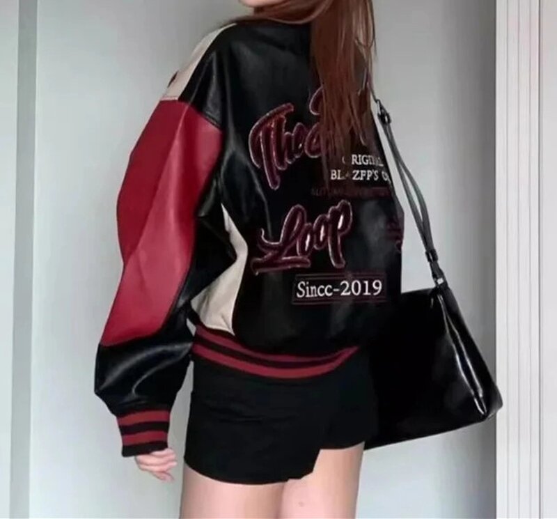 Женская винтажная куртка-бомбер из искусственной кожи, с вышивкой