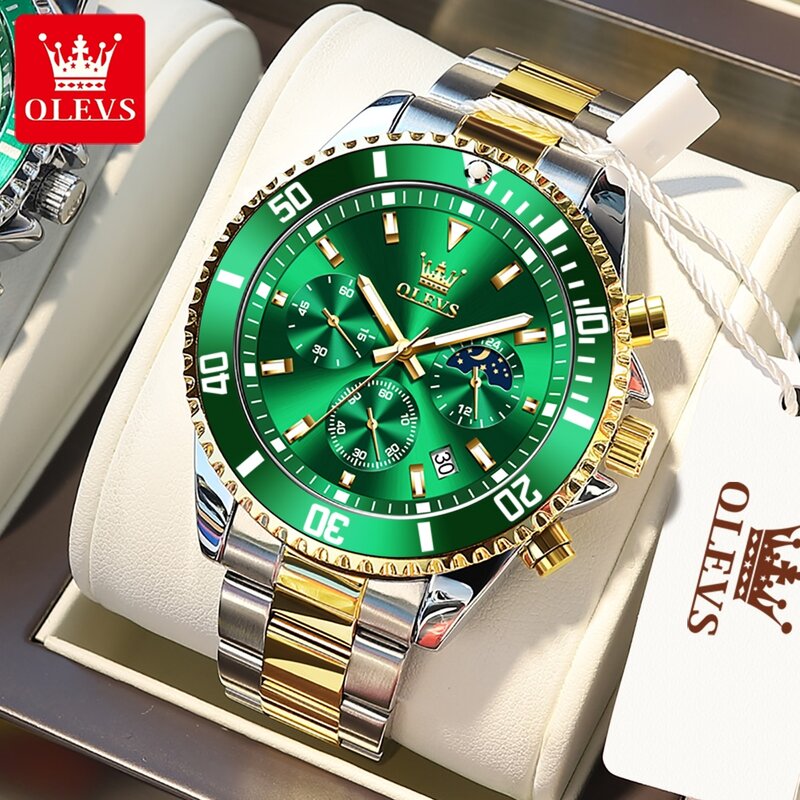 Olevs-メンズステンレススチール防水腕時計,アナログクォーツ時計,大型フェイス,回転,日付,ビジネス,ファッション