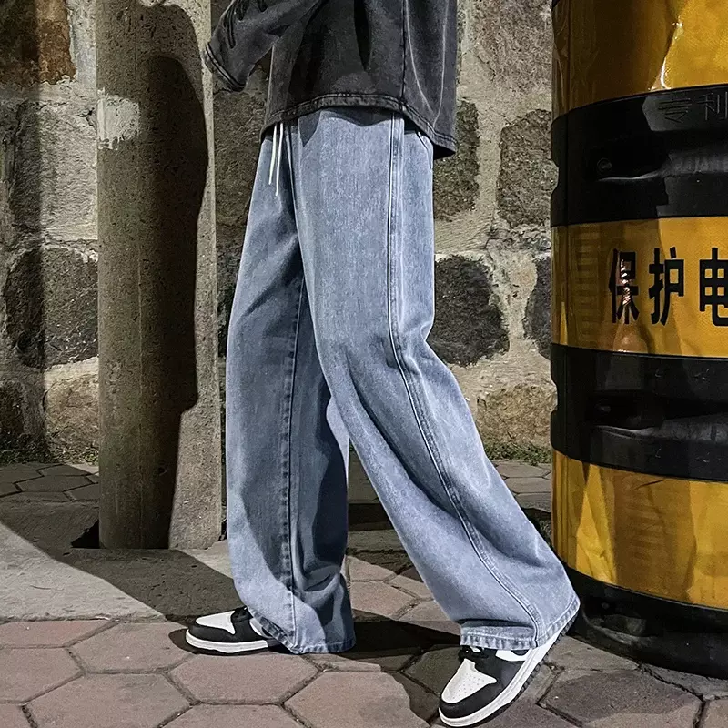 Jeans largos masculino com elástico na cintura, calça de perna reta, jeans, calça de perna larga, cor azul claro e preto, moda coreana e clássica, masculina
