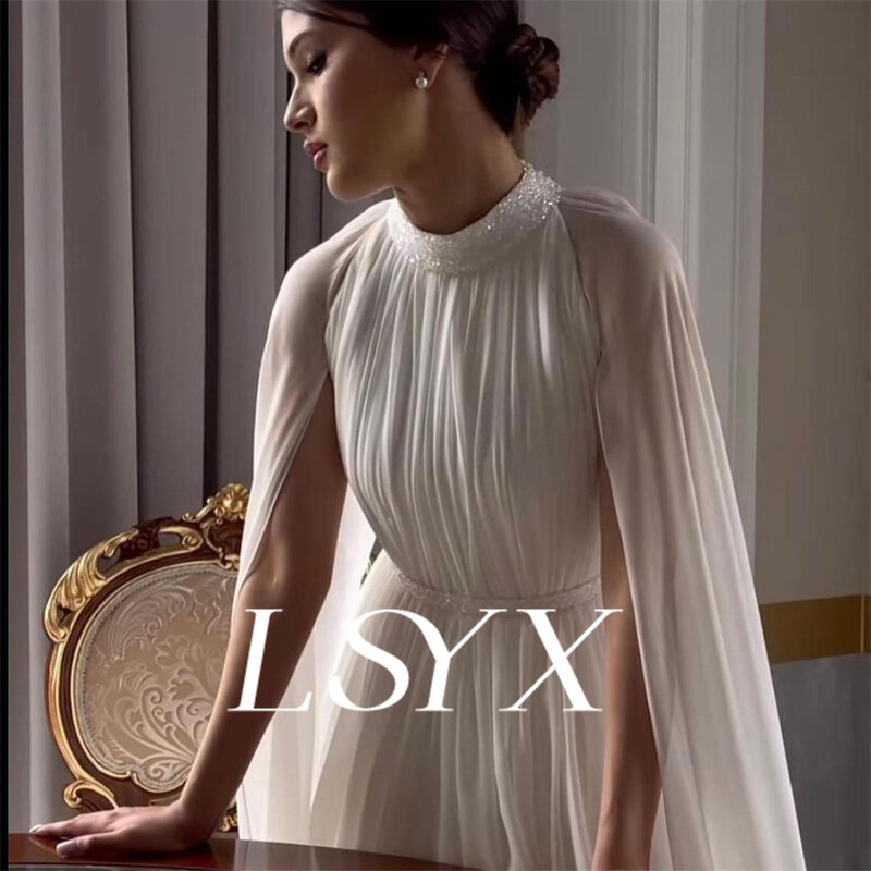 LSYX-vestido de casamento de gola alta, mangas longas, chiffon A-Line, botão de ilusão, trem traseiro, vestido de noiva, feito sob encomenda