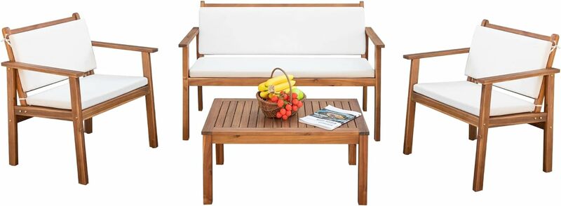 Set teras 3/4 buah kursi percakapan furnitur luar ruangan kayu akasia dengan meja & bantal kursi teras untuk balkon, dek, krem
