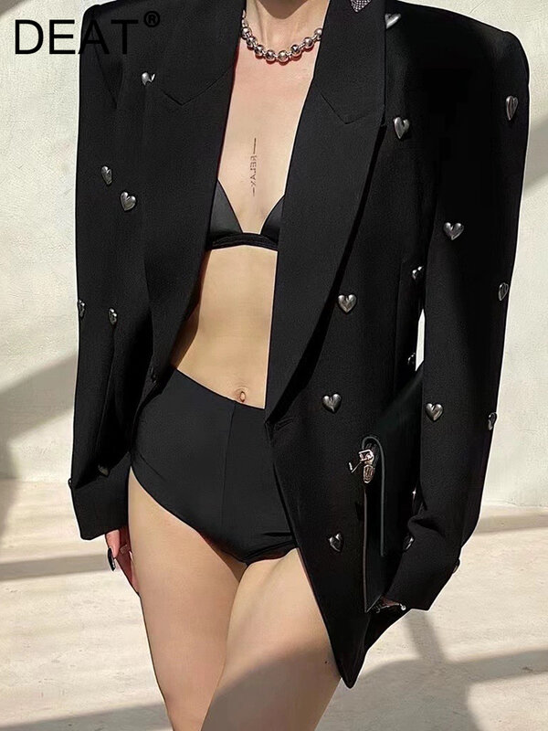 DEAT Fashion Women Blazer Notched Collar Long Sleeves Single Button 3D Love Rivet Decoration Suit Jackets Autumn 2024 New 7AB858