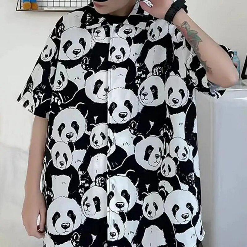 Summer Shirt Men's Summer Panda Printed Shirt Casual Loose Fit Beach Streetwear Fashion Tee with Short Sleeves Single-breasted