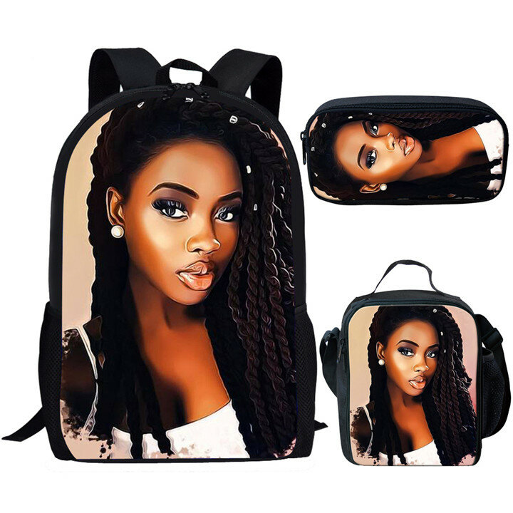 Meninas africanas 3D Print School Bags, Popular e Criativo, Novidade, Aluno, Mochila para Laptop, Mochila, Lunch Bag, Lápis, 3pcs por conjunto