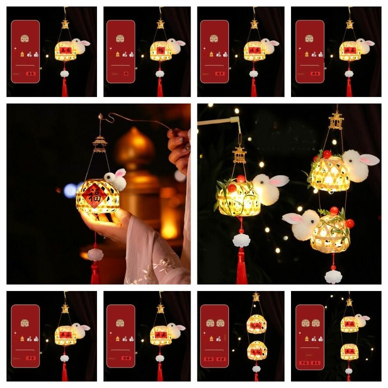 Lanterna luminosa portátil para o Festival do Meio Outono, lanterna de bambu DIY, brinquedo artesanal infantil, lanterna antiga de coelho