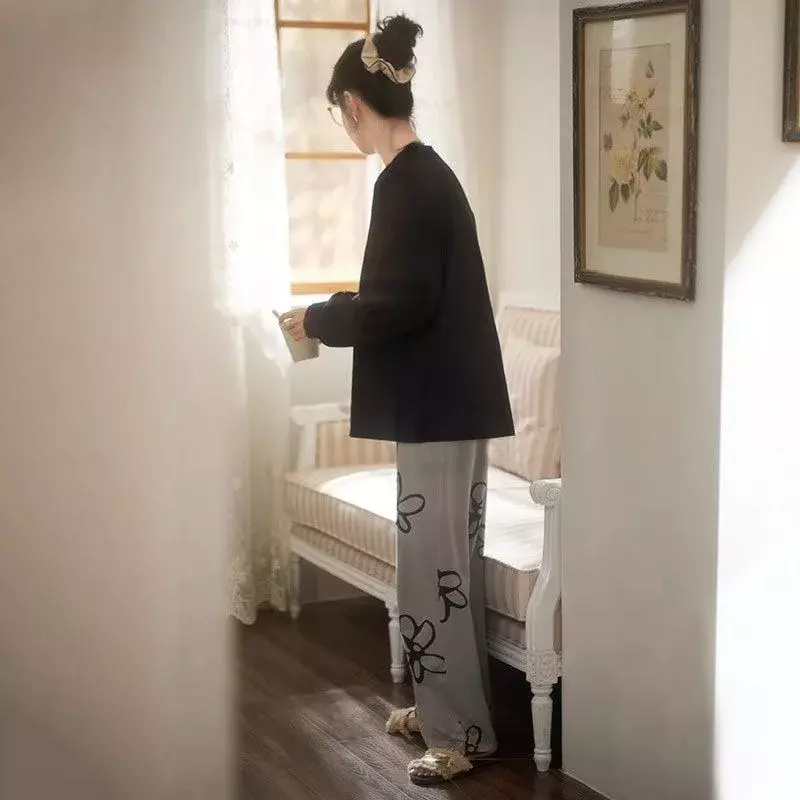 Met Borstkussentjes Damespyjama 'S Set Lente-En Herfstkoreaanse Mode-Huiskleding Elegante Eenvoudige Pullover Nachtkleding Met Lange Mouwen