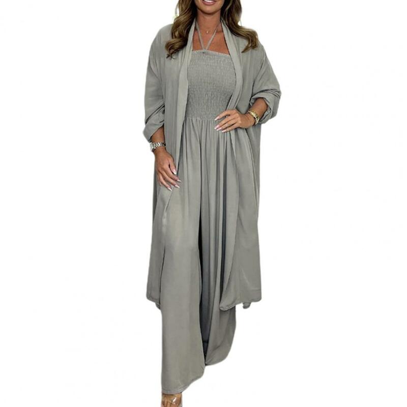 Lady Spring Outfit Stylish Summer Women's 2-piece Set Halter Neck Jumpsuit with Wide Leg Pants Long Sleeve Cardigan for Women