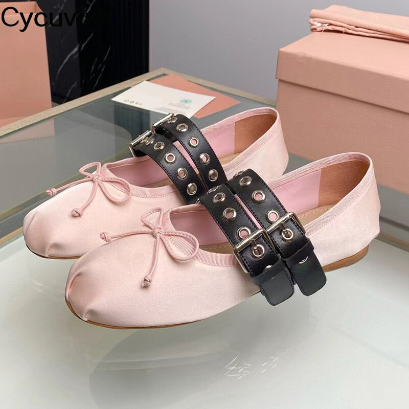 New Ballet Flats Shoes For Women Pink Silk  Bow Knot Dance Shoes Double layered Belt Buckle Flats Driving Shoes Woman