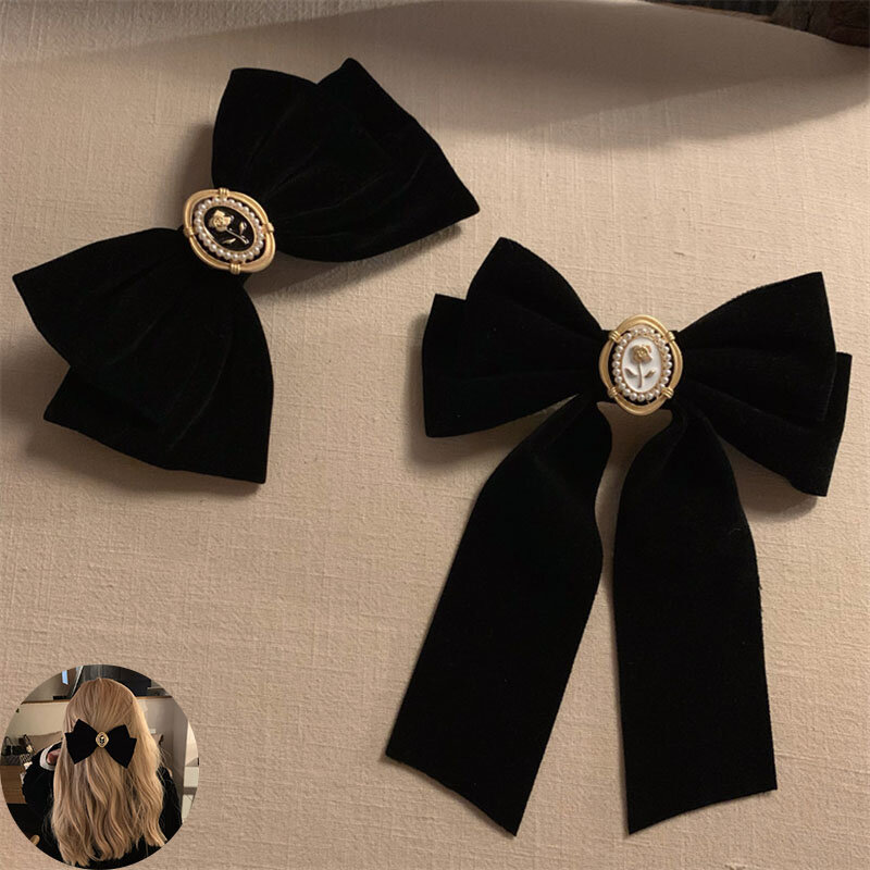 New Black Velvet Bow Hair Pins Elegant Fabric Alloy Roses Hair Clips for Women Fashion ponytail Barrette Heawear Accessories