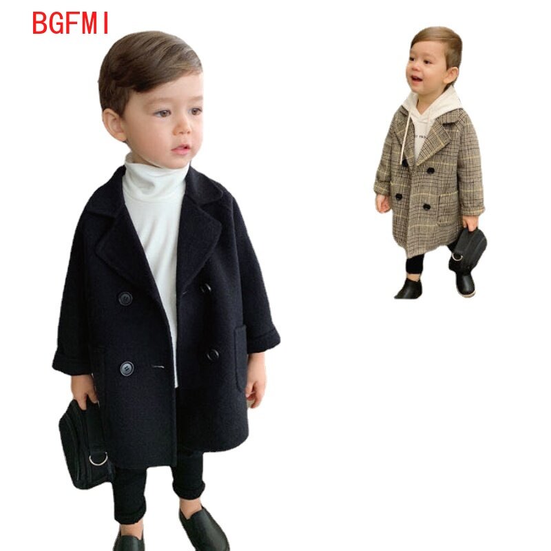 Зимние клетчатые куртки для мальчиков и девочек, шерстяной двубортный тренч для маленьких мальчиков, Осенняя детская верхняя одежда с лацканами, пальто, весеннее шерстяное пальто