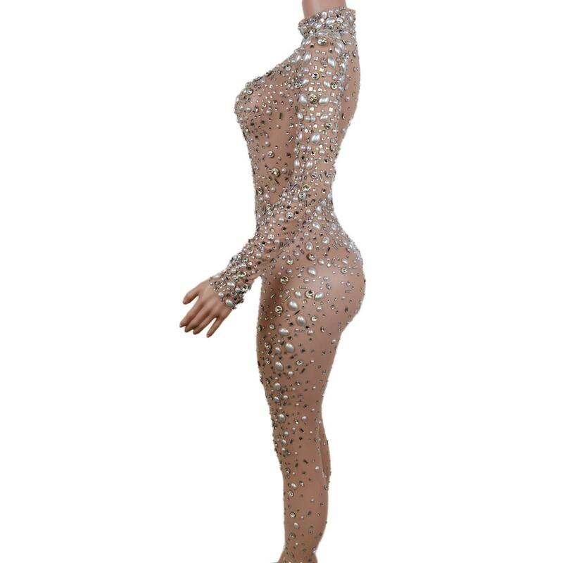 Evening วันเกิดฉลองเซ็กซี่ Rompers Prom Party นักร้องแสดงชุดสวมใส่ Big Pearl Bling เงินหินตาข่าย Jumpsuit