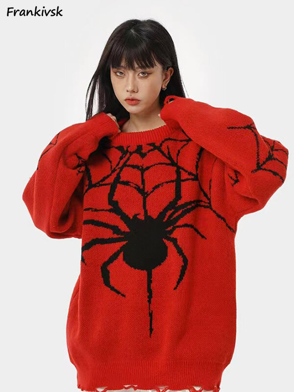 Sweaters Women Autumn O-neck Spider Print Contrast Color Hotsweet Ladies Knitwear American Retro High Street All-match Pullovers