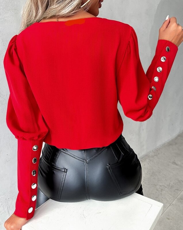 Women's Casual Contrast Sequin Buttoned V-Neck Top Temperament Commuting Female Clothing New Long Sleeve Daily Blouses