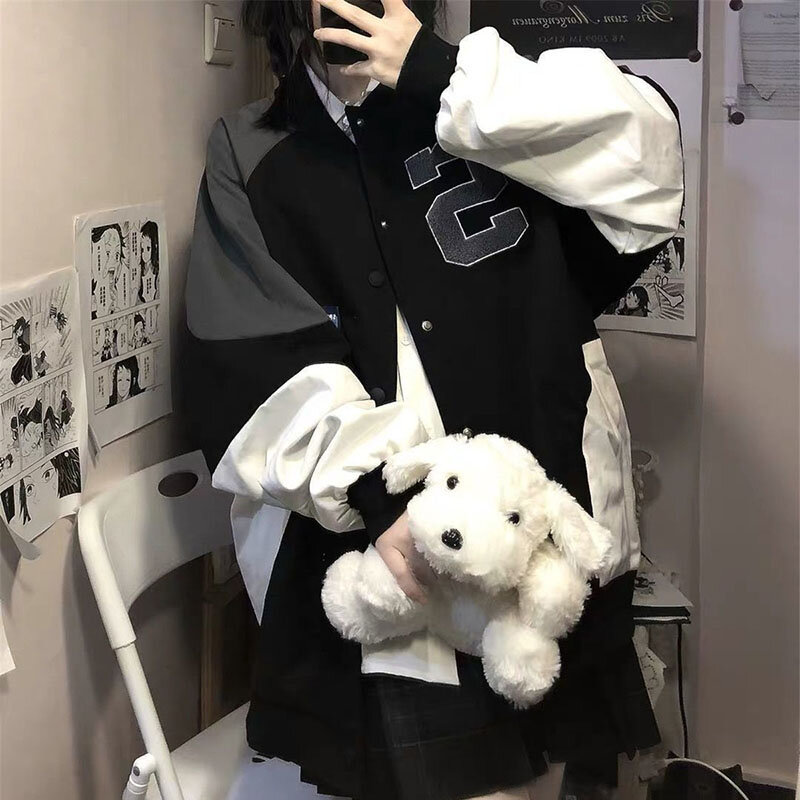 Giacca con cappuccio Patchwork nera Harajuku Streetwear donna Kpop Bomber cappotto autunno Vintage Casual gotico femminile High Street Top