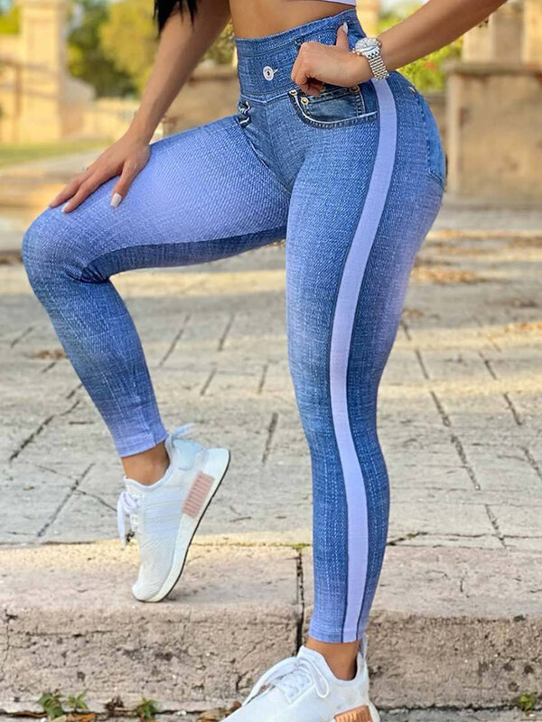 Spodnie Push Up damskie, treningowe legginsy do biegania niebieskie imitacja dżinsów modne legginsy z wysokim stanem elastyczne smukłe spodnie ołówkowe